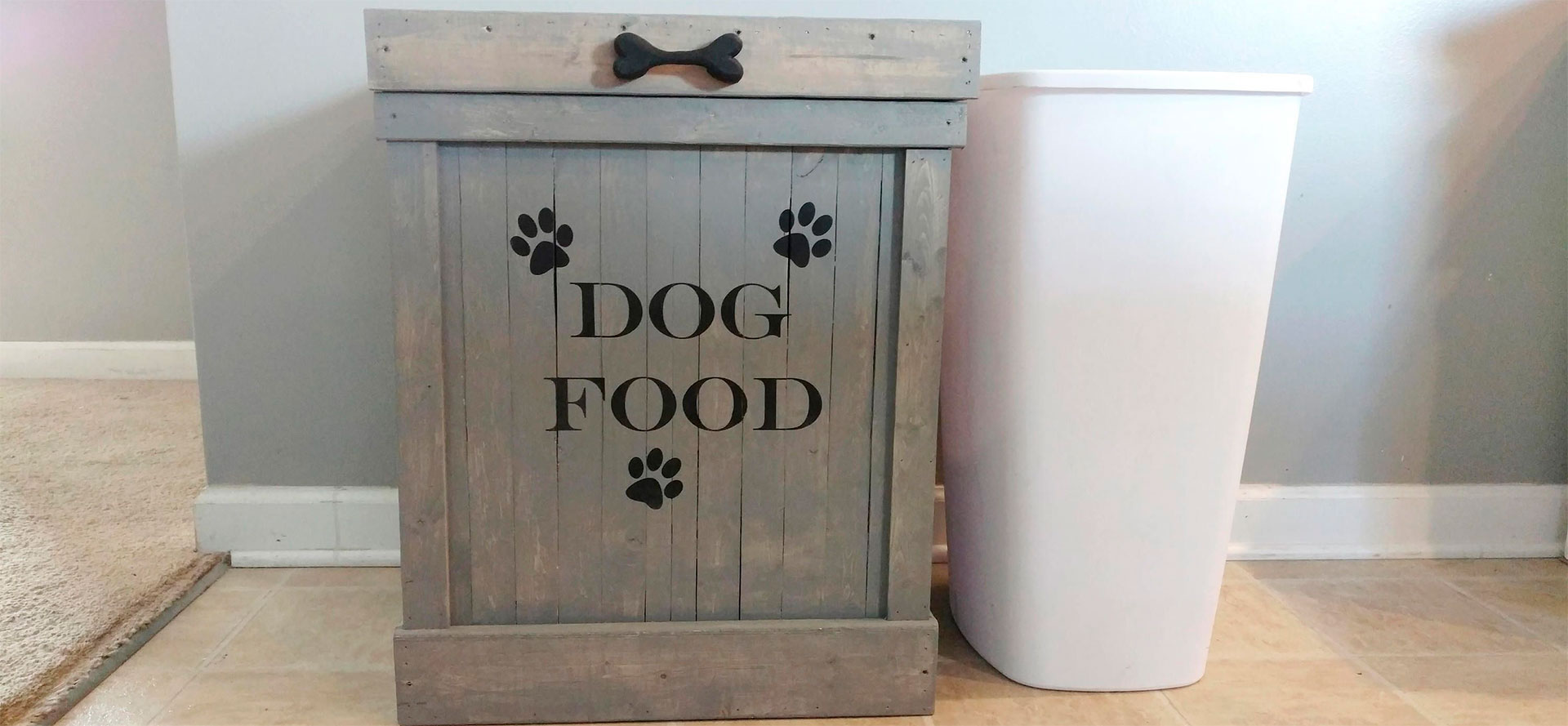 Wooden cute dog food container.
